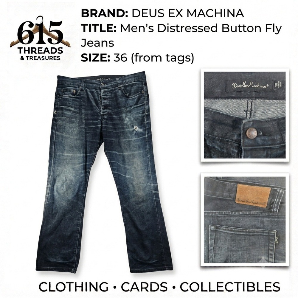 Deus Ex Machina Mens Distressed Button Fly Jeans Dark Wash Size 36